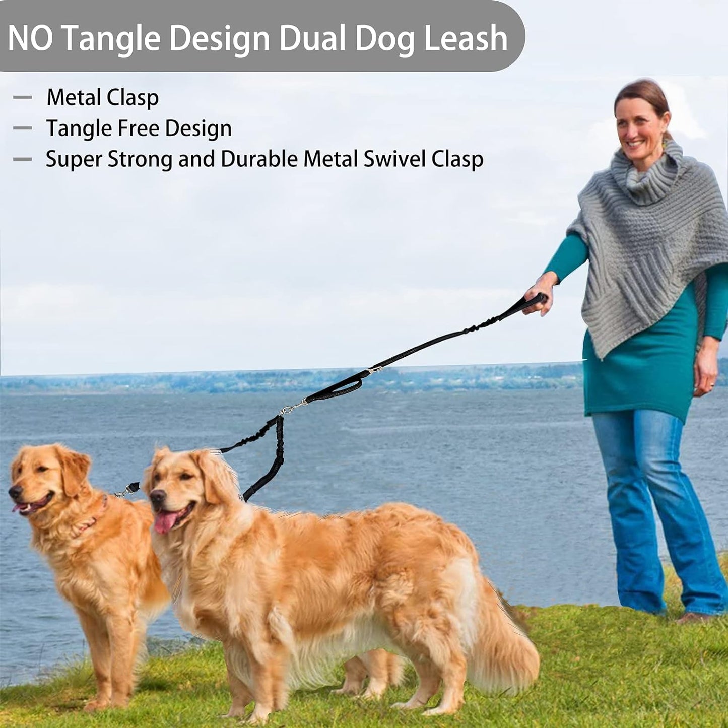 Double Dog Leash, Dual Leash for Dogs 360° No Tangle Two Dogs Leash Adjustable Tangle Free Double Leash for Medium Large Dogs Walking Training
